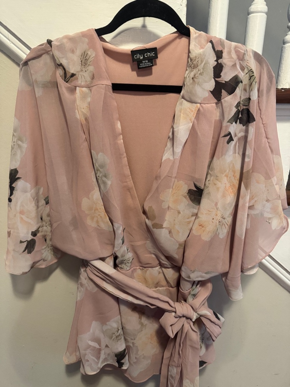 City Chic Blush Floral Wrap Blouse with Tie Waist